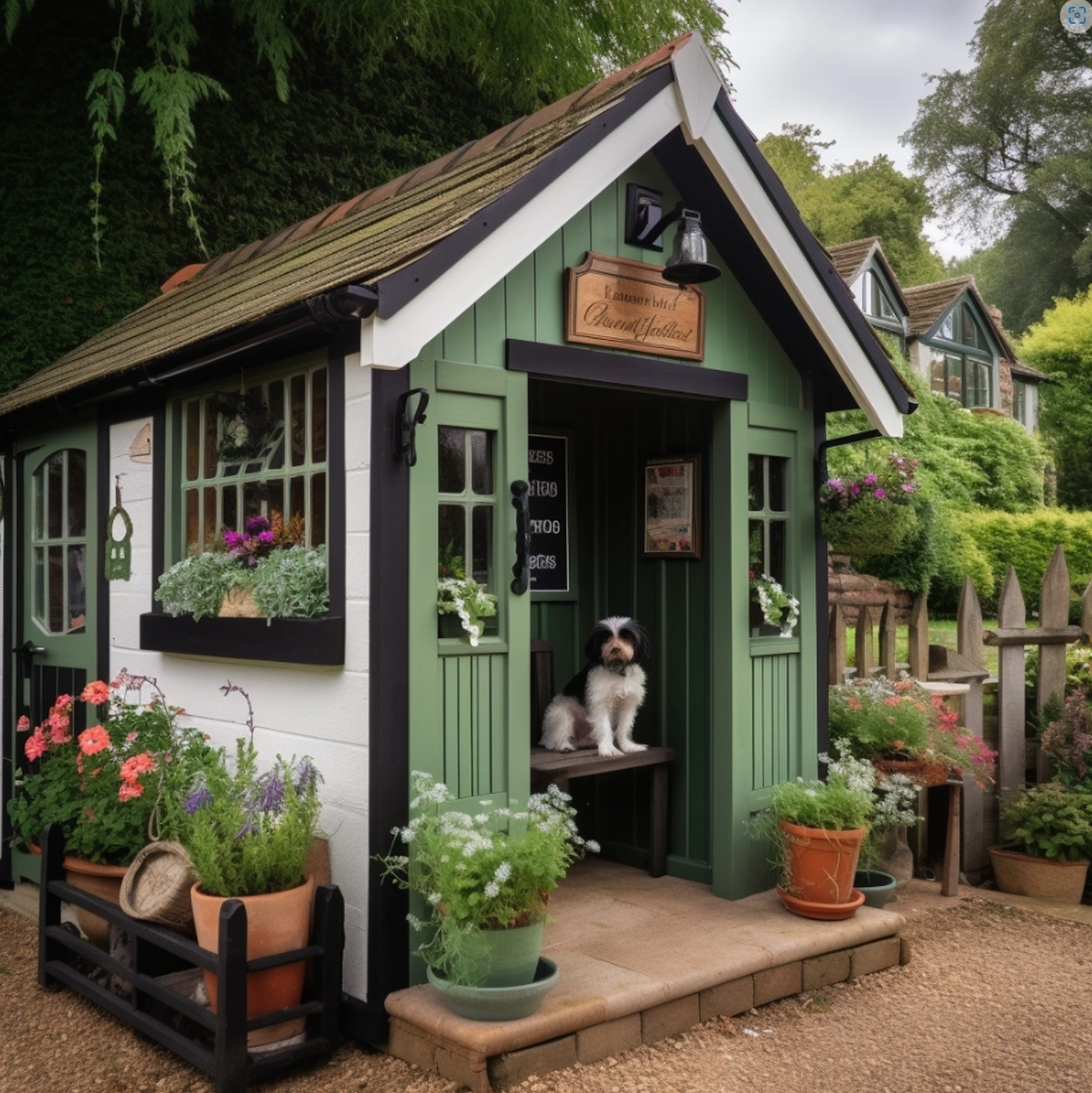 A green and white decorated chic garden shed with a dog stood on the porch