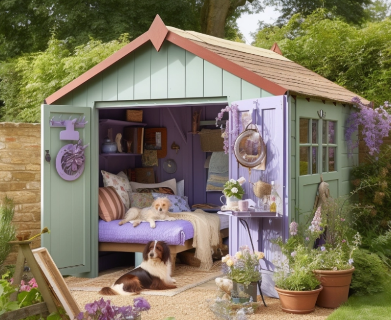 Pale green and lavender painted apex wooden shed with double doors open and two dogs lying outside