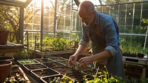 A man gardener tending plants inside a greenhouse.