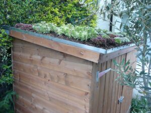 A small wooden shed with a green roof.