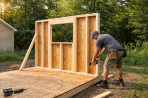 A person fixing the first shed wall panel
