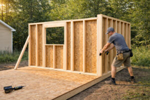A person fixing shed wall panels