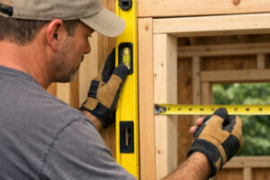 A person measuring the shed window opening