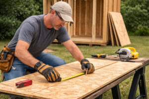 A person measuring and cutting the wall panel
